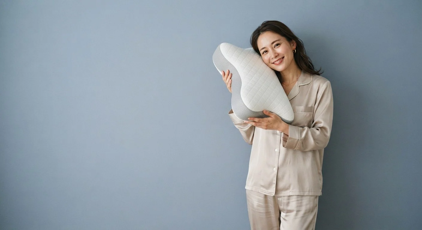 Wellmoreの枕を抱えてほほえむ女性