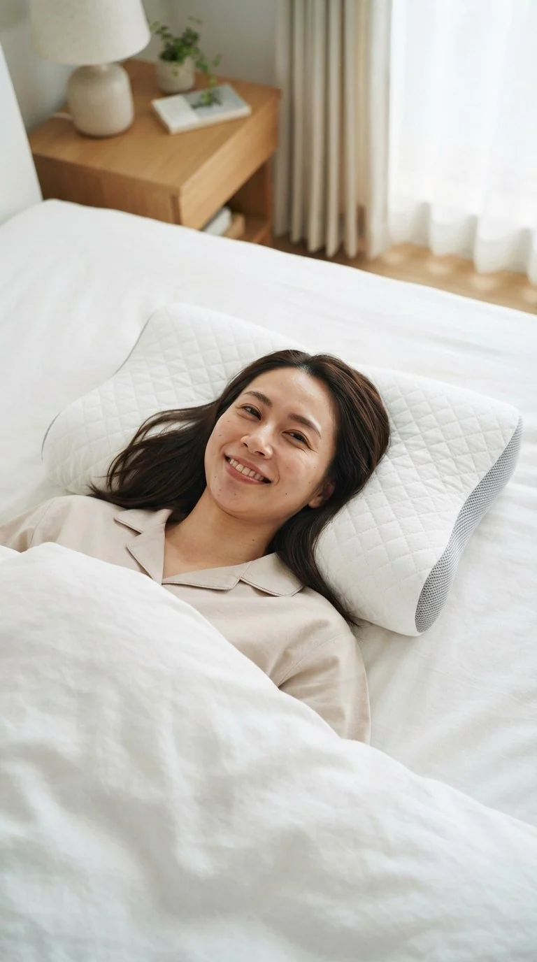 枕に頭をあずけて、仰向けでほほえむ女性