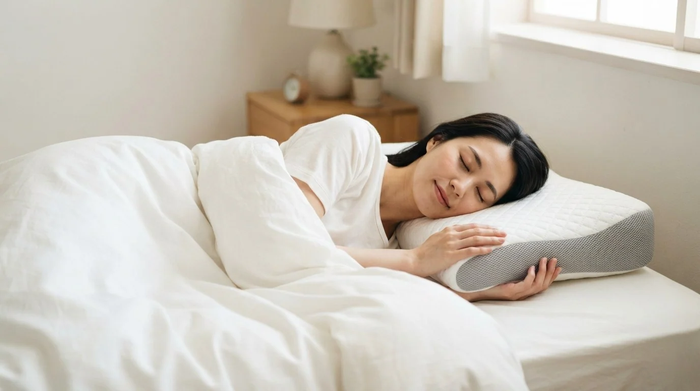 白い寝室で、枕に頭をあずけて眠る女性