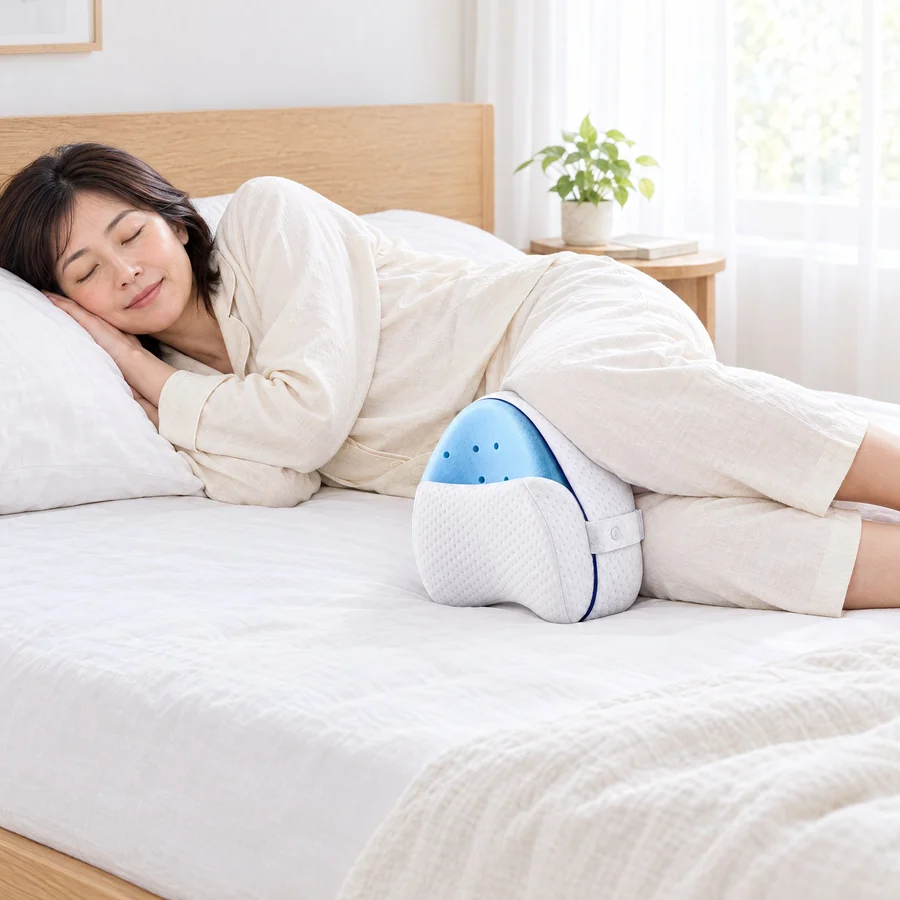 横向きに寝て、Cellsiusを膝の間にはさむ女性