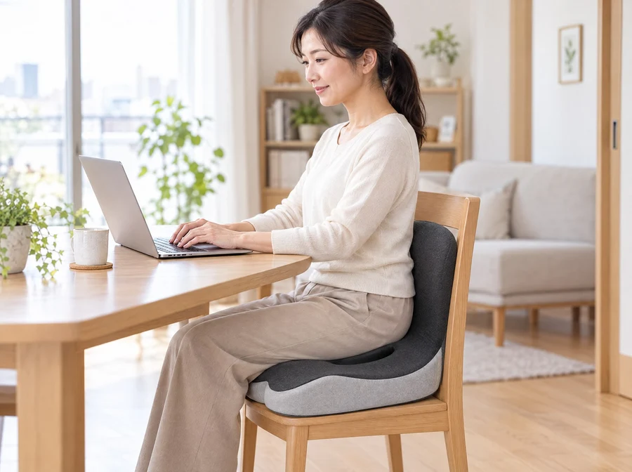 ErgoRestのシートクッションを椅子に置いて座る女性