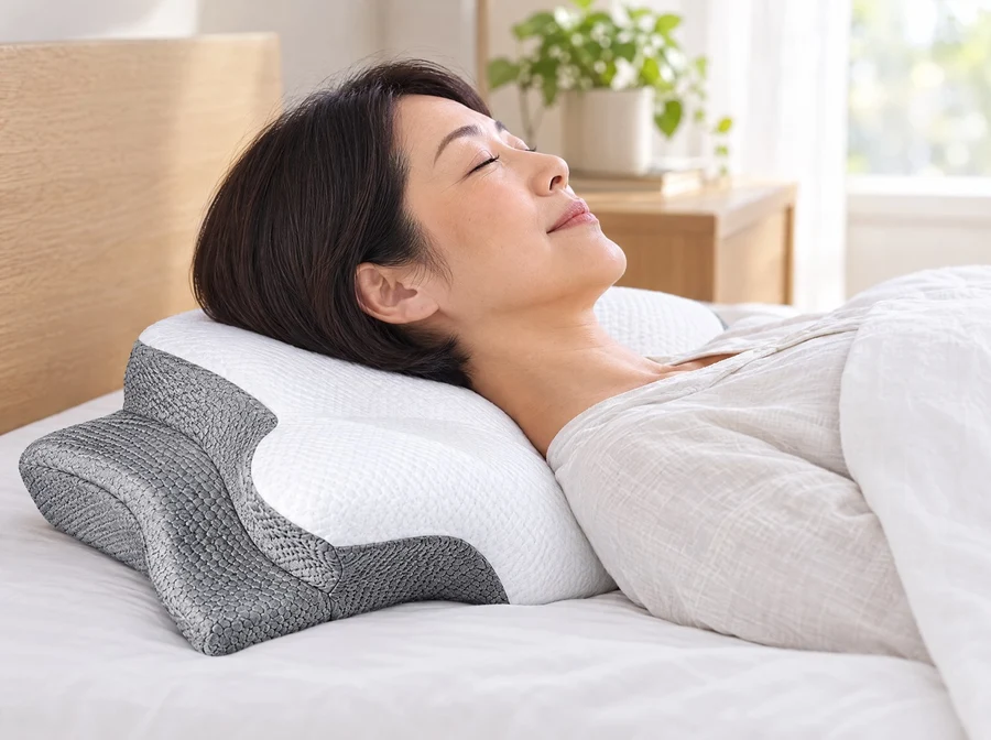 NeckAlignに頭と首をあずけて、仰向けで休む女性